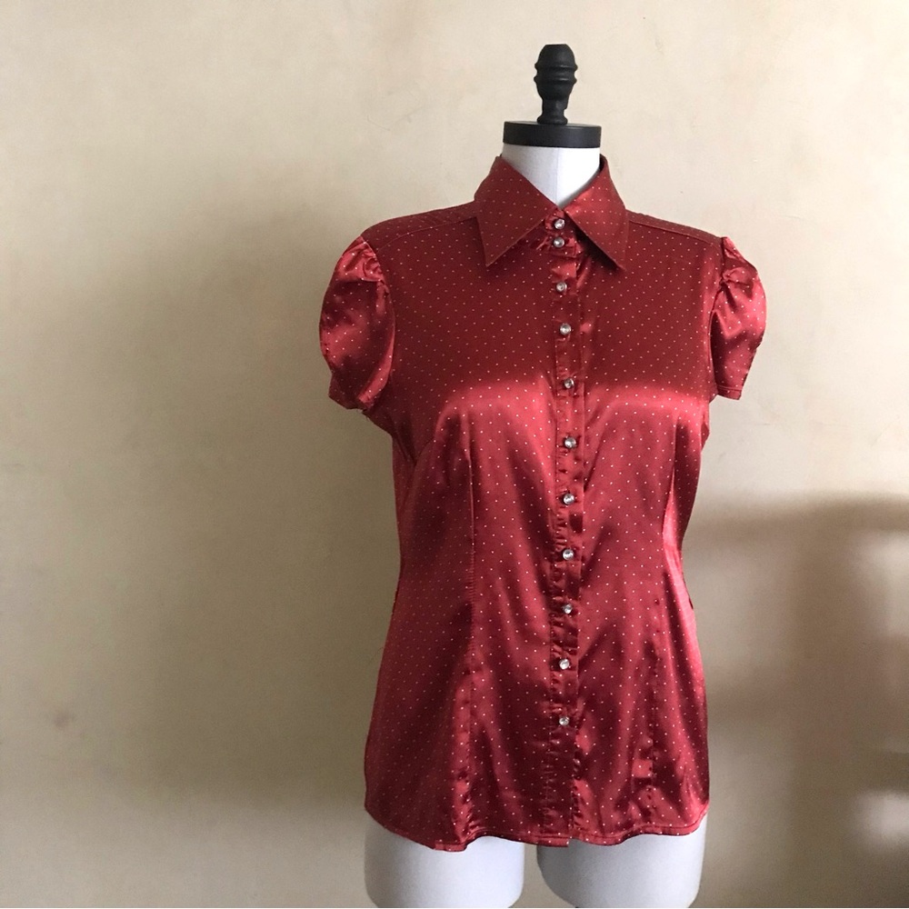 Red Satin Button-Up Blouse